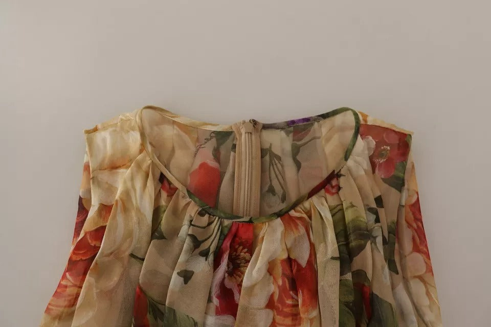 Beiges ärmelloses Minikleid mit Rundhalsausschnitt und Blumenmuster