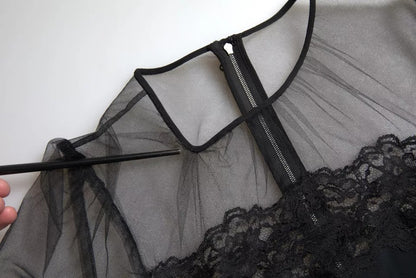 Schwarzes, transparentes Midi-Etuikleid aus floraler Spitze