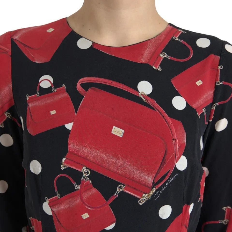 Schwarzes ausgestelltes Midikleid mit „Sicily Bag“-Print