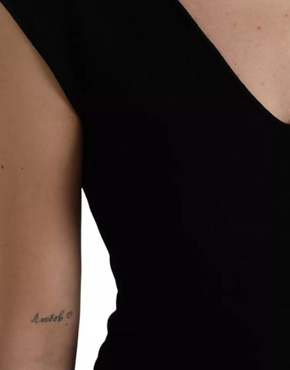 Schwarzes, ärmelloses, figurbetontes Midikleid aus Viskose