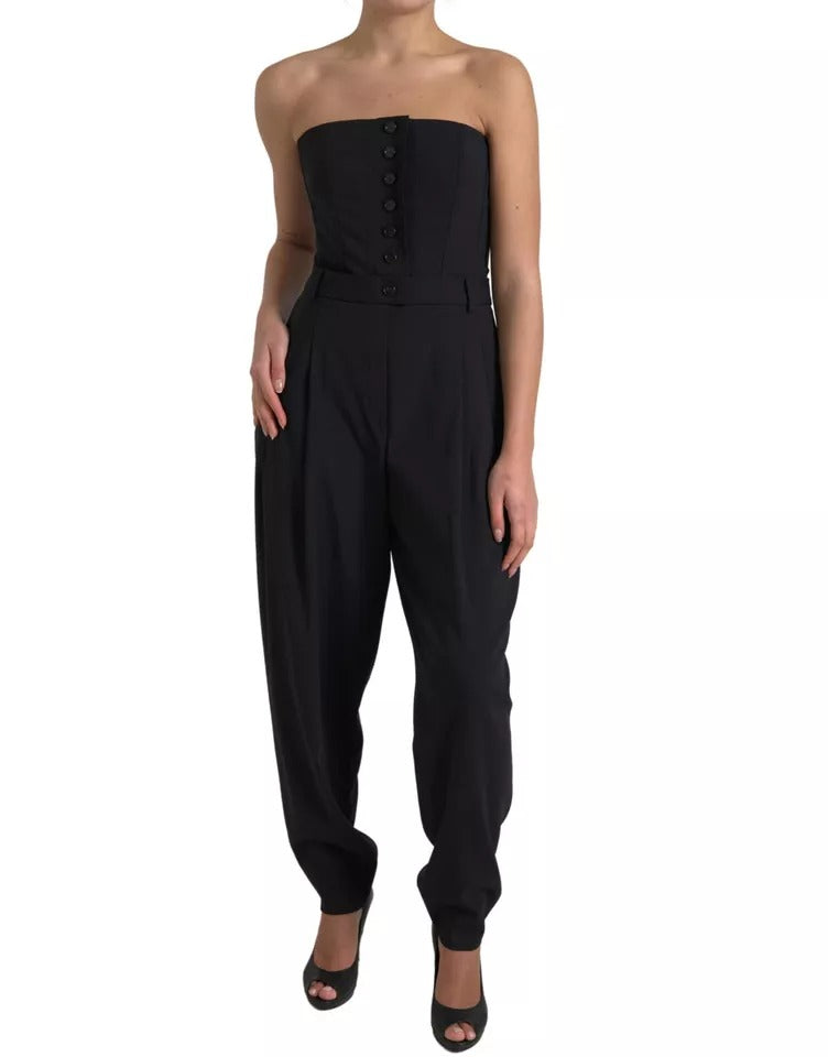 Schwarzes trägerloses Jumpsuit-Kleid aus Wollstretch