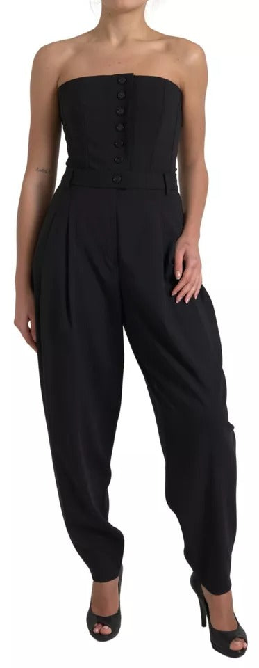 Schwarzes trägerloses Jumpsuit-Kleid aus Wollstretch