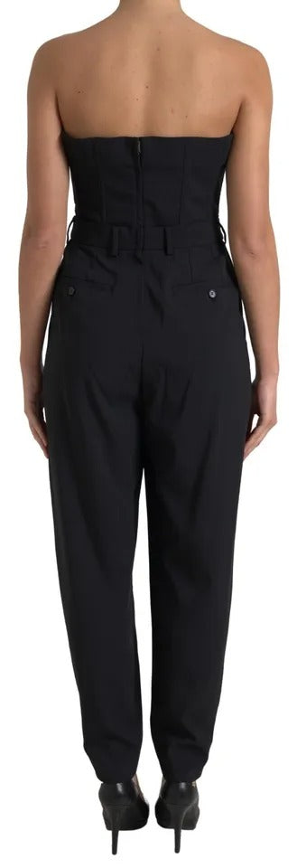 Schwarzes trägerloses Jumpsuit-Kleid aus Wollstretch