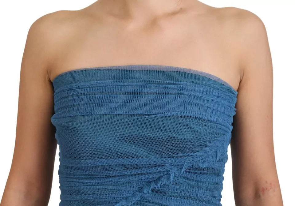 Vestido tubo de tul fruncido con ribete de malla azul