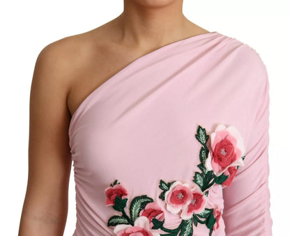 Rosafarbenes One-Shoulder-Kleid mit Blumenverzierung