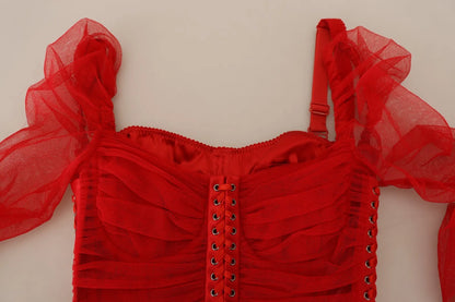 Rotes, figurbetontes Midikleid mit Netzbesatz