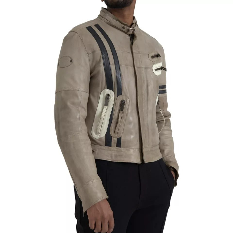 Beige Bikerjacke aus Leder mit durchgehendem Reißverschluss