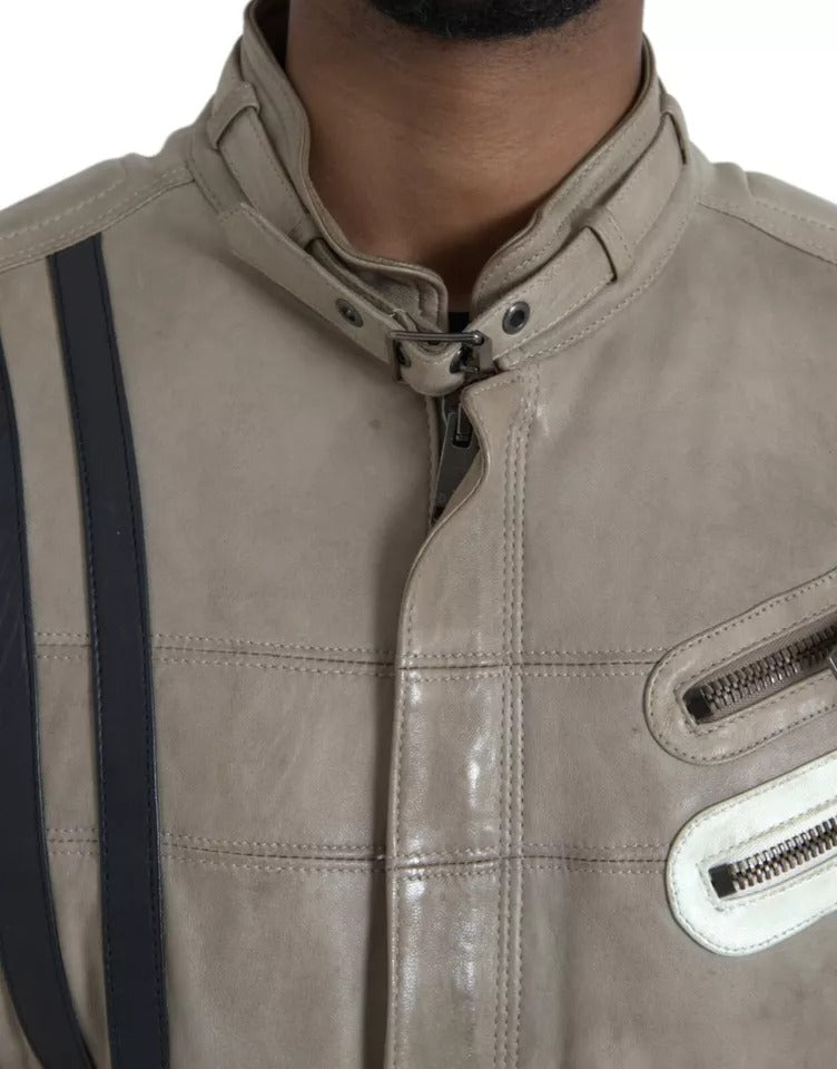 Beige Bikerjacke aus Leder mit durchgehendem Reißverschluss