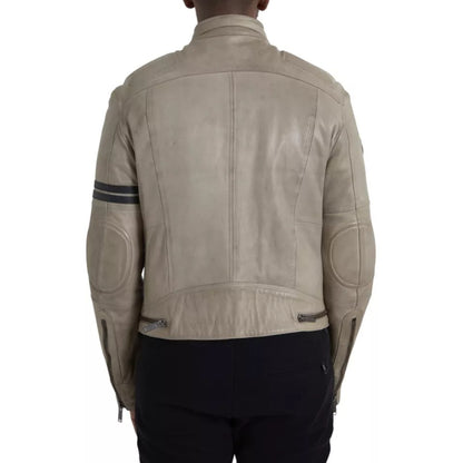 Beige Bikerjacke aus Leder mit durchgehendem Reißverschluss