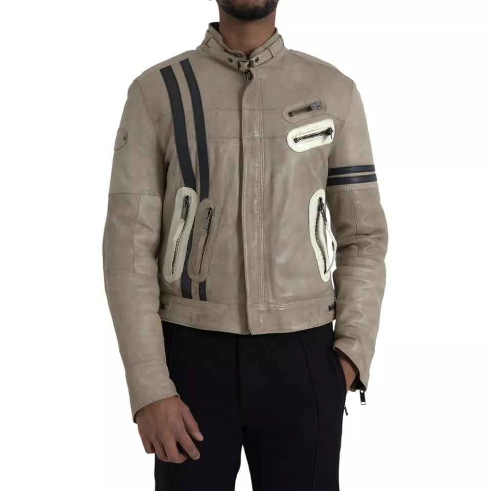 Beige Bikerjacke aus Leder mit durchgehendem Reißverschluss