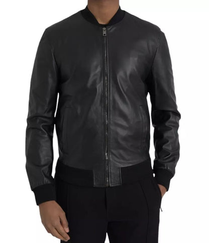 Schwarze Bomber-Biker-Blousonjacke aus Leder mit durchgehendem Reißverschluss