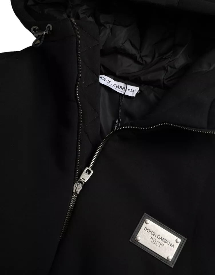 Schwarze Bomberjacke aus Baumwolle mit Kapuze und Logo