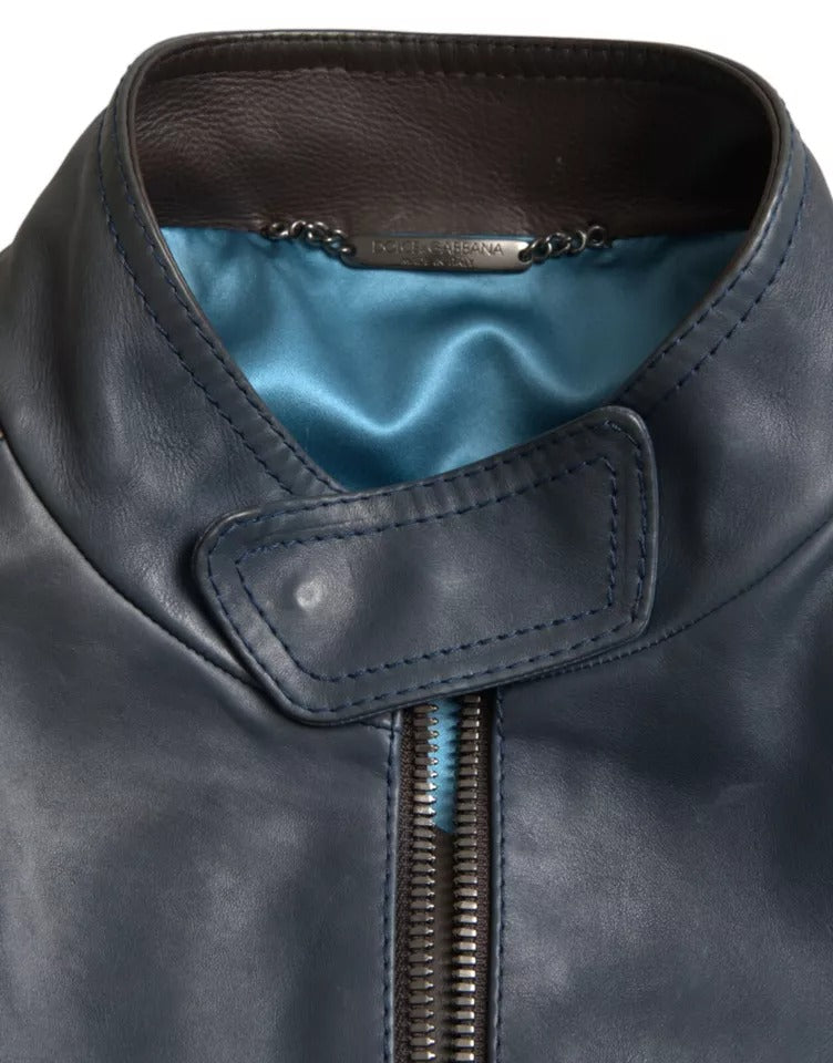 Blaue Biker-Blousonjacke aus Leder mit durchgehendem Reißverschluss