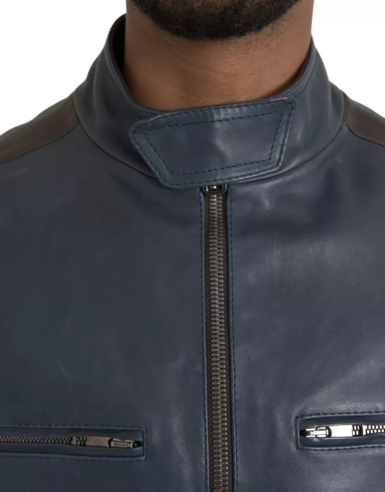 Blaue Biker-Blousonjacke aus Leder mit durchgehendem Reißverschluss