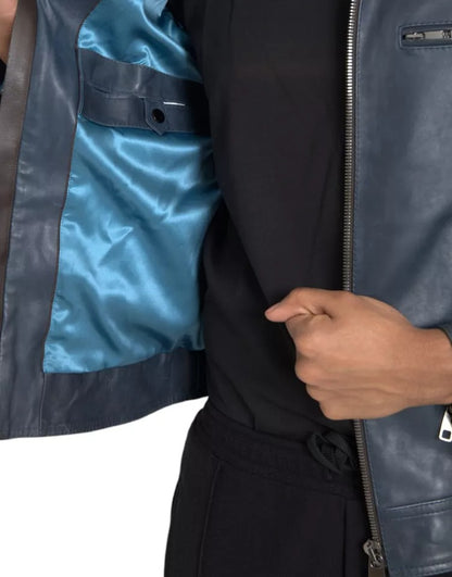 Blaue Biker-Blousonjacke aus Leder mit durchgehendem Reißverschluss