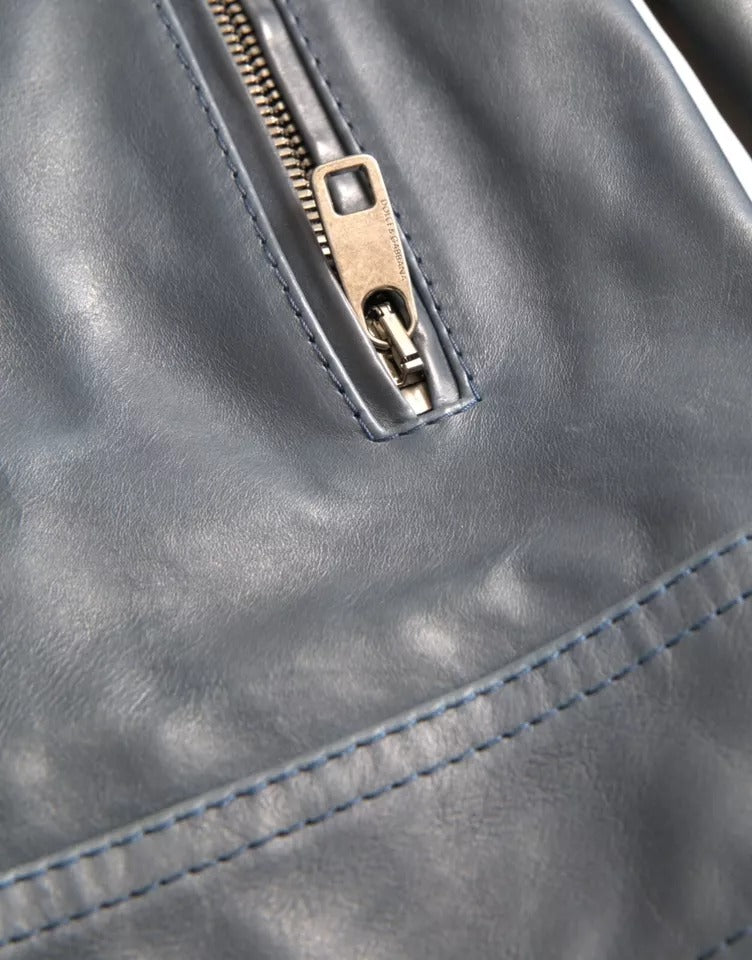 Blaue Biker-Blousonjacke aus Leder mit durchgehendem Reißverschluss