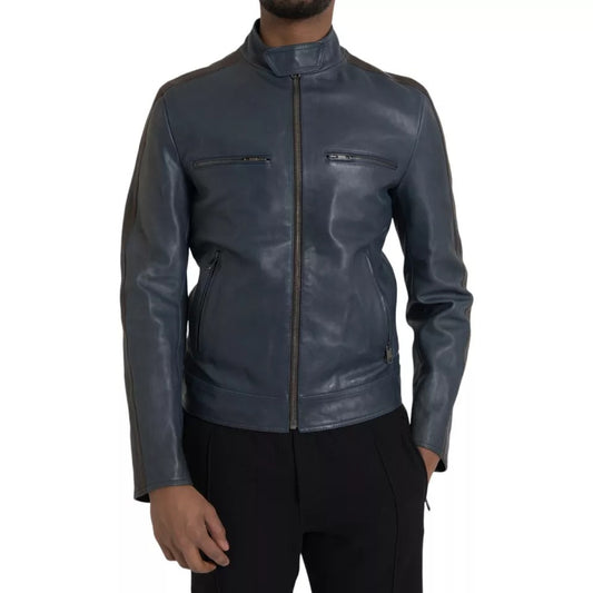 Blaue Biker-Blousonjacke aus Leder mit durchgehendem Reißverschluss