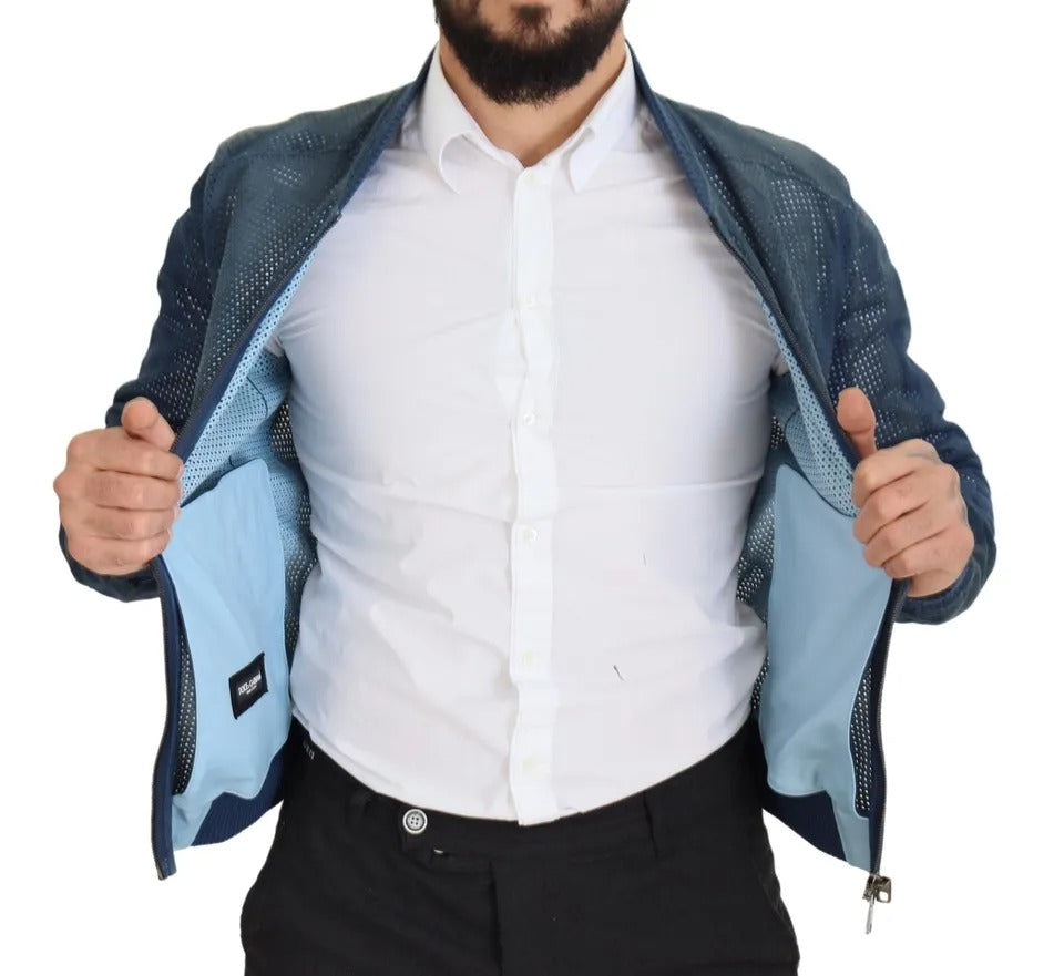 Blaue perforierte Lederjacke mit durchgehendem Reißverschluss