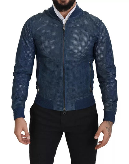 Blaue perforierte Lederjacke mit durchgehendem Reißverschluss