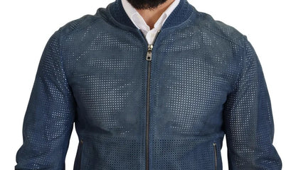 Blaue perforierte Lederjacke mit durchgehendem Reißverschluss