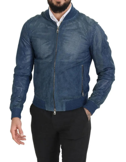 Blaue perforierte Lederjacke mit durchgehendem Reißverschluss