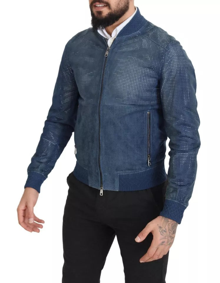 Blaue perforierte Lederjacke mit durchgehendem Reißverschluss