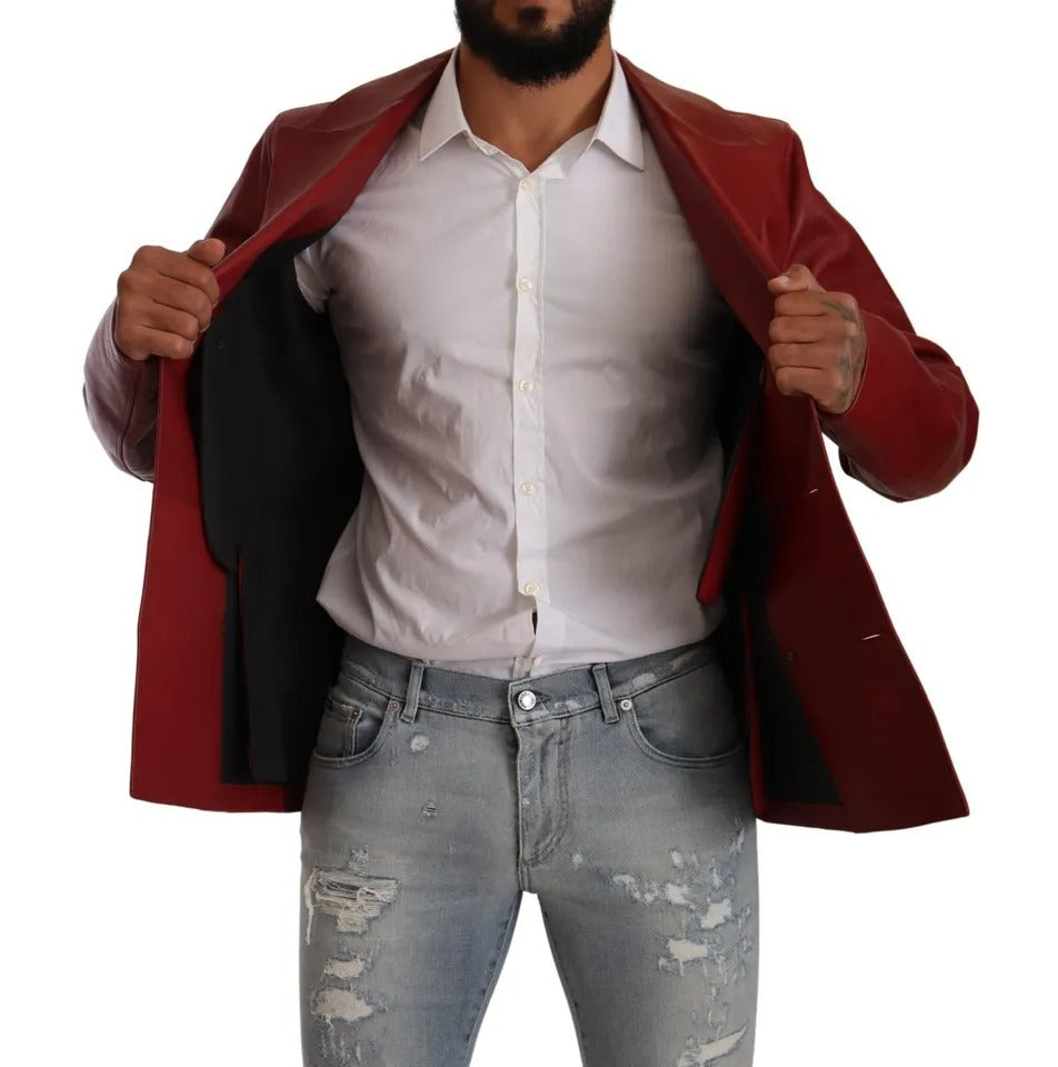 Red Double Breasted Leather Coat Jacket