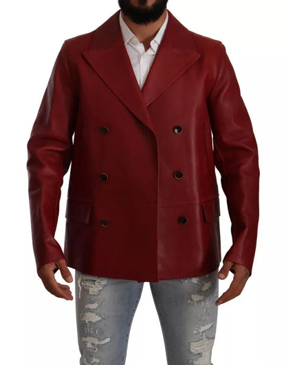 Red Double Breasted Leather Coat Jacket