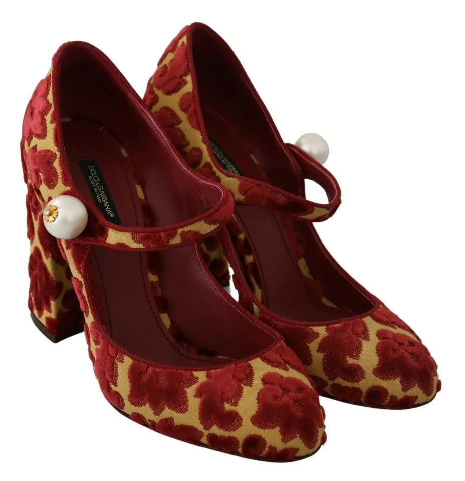 Rote Mary Janes Pumps mit Blumenmuster aus Brokat