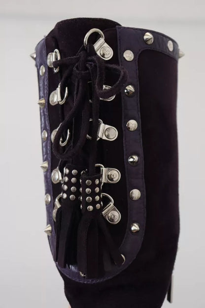 Purple Suede Leather Studded High Boots Shoes