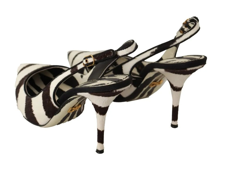 Schwarz-weiße Slingback-Schuhe aus Leder mit Zebra-Print