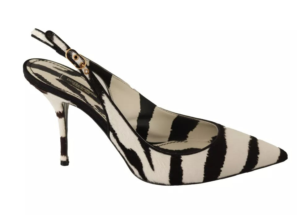 Schwarz-weiße Slingback-Schuhe aus Leder mit Zebra-Print