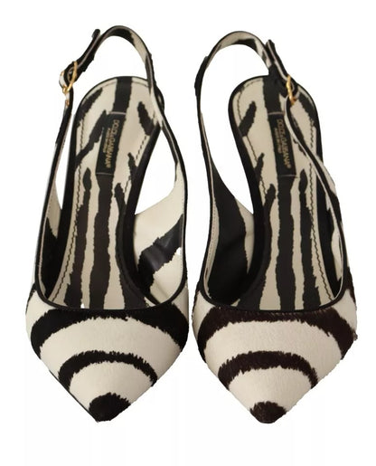 Schwarz-weiße Slingback-Schuhe aus Leder mit Zebra-Print