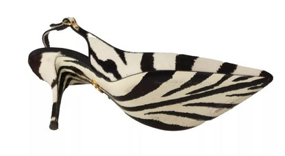 Schwarz-weiße Slingback-Schuhe aus Leder mit Zebra-Print