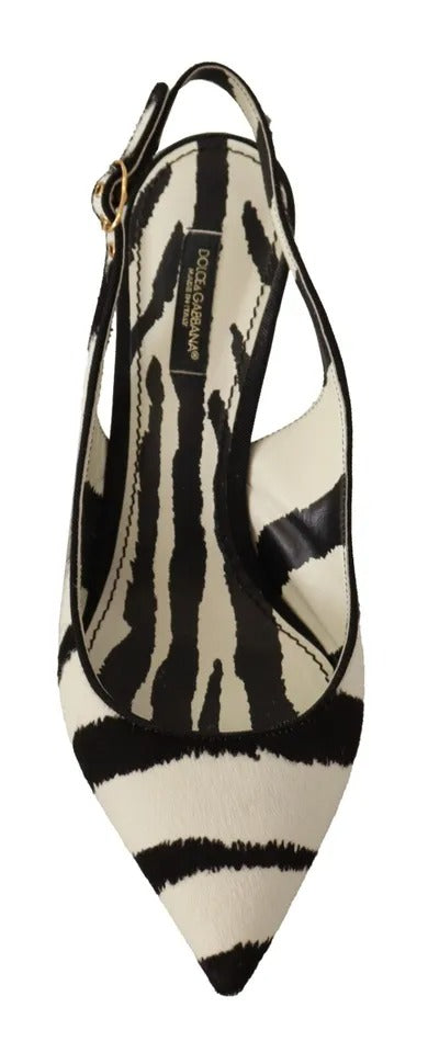 Schwarz-weiße Slingback-Schuhe aus Leder mit Zebra-Print