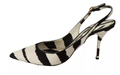 Schwarz-weiße Slingback-Schuhe aus Leder mit Zebra-Print