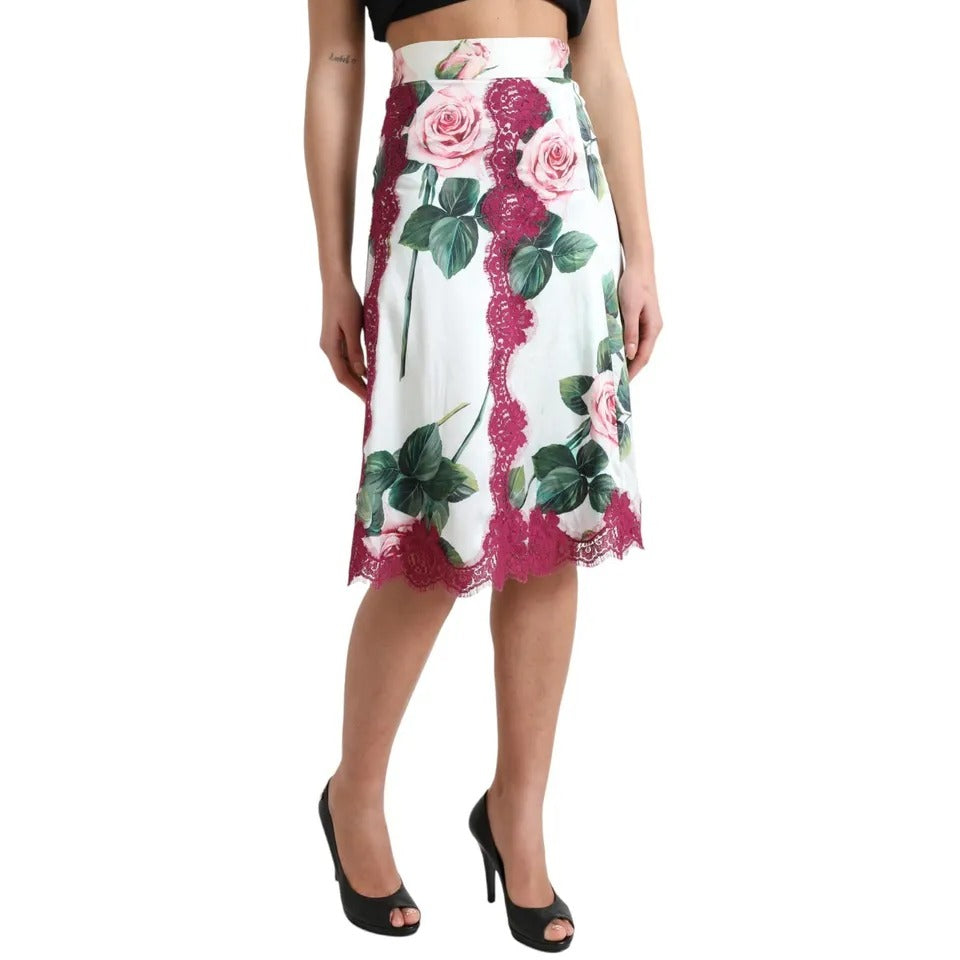 Weißer Midirock in A-Linie mit hoher Taille und Rosen-Print