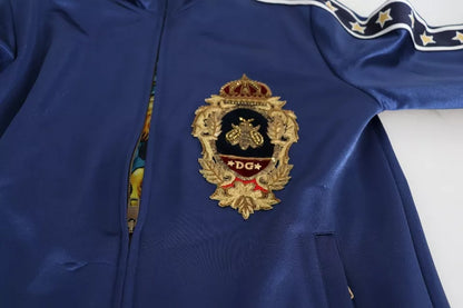 Blauer Pullover mit gestreiftem Königsbienen-Aufnäher und Wappen