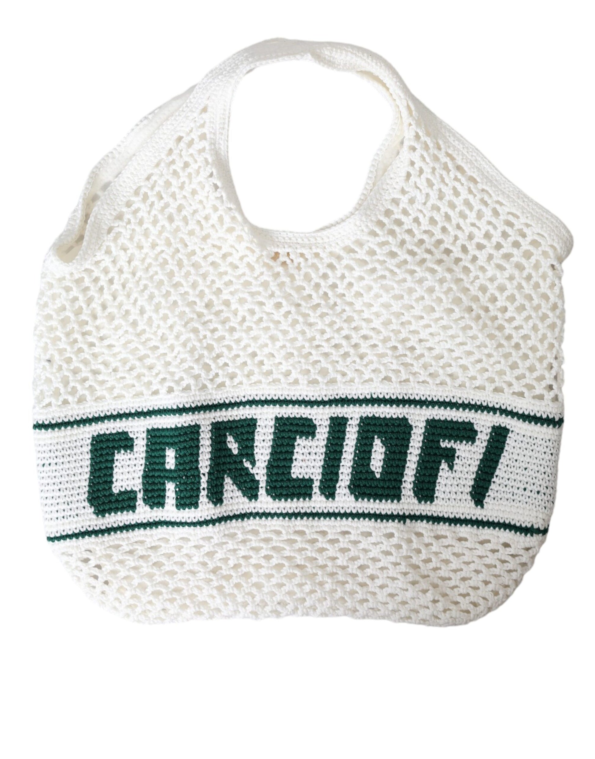 White Green Knitted Cotton Logo Shopping Tote Bag