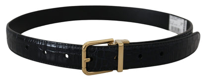 Black Exotic Leather Gold Metal Buckle Belt