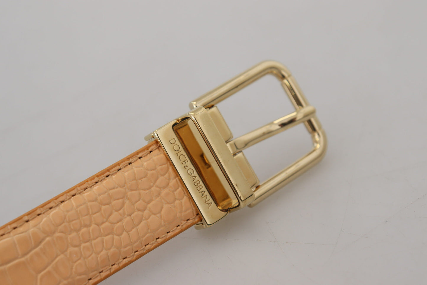 Beige Exotic Leather Gold Metal Buckle Belt