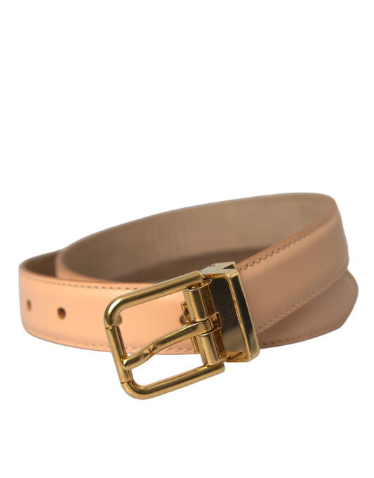 Beige Calfskin Leather Gold Metal Buckle Belt