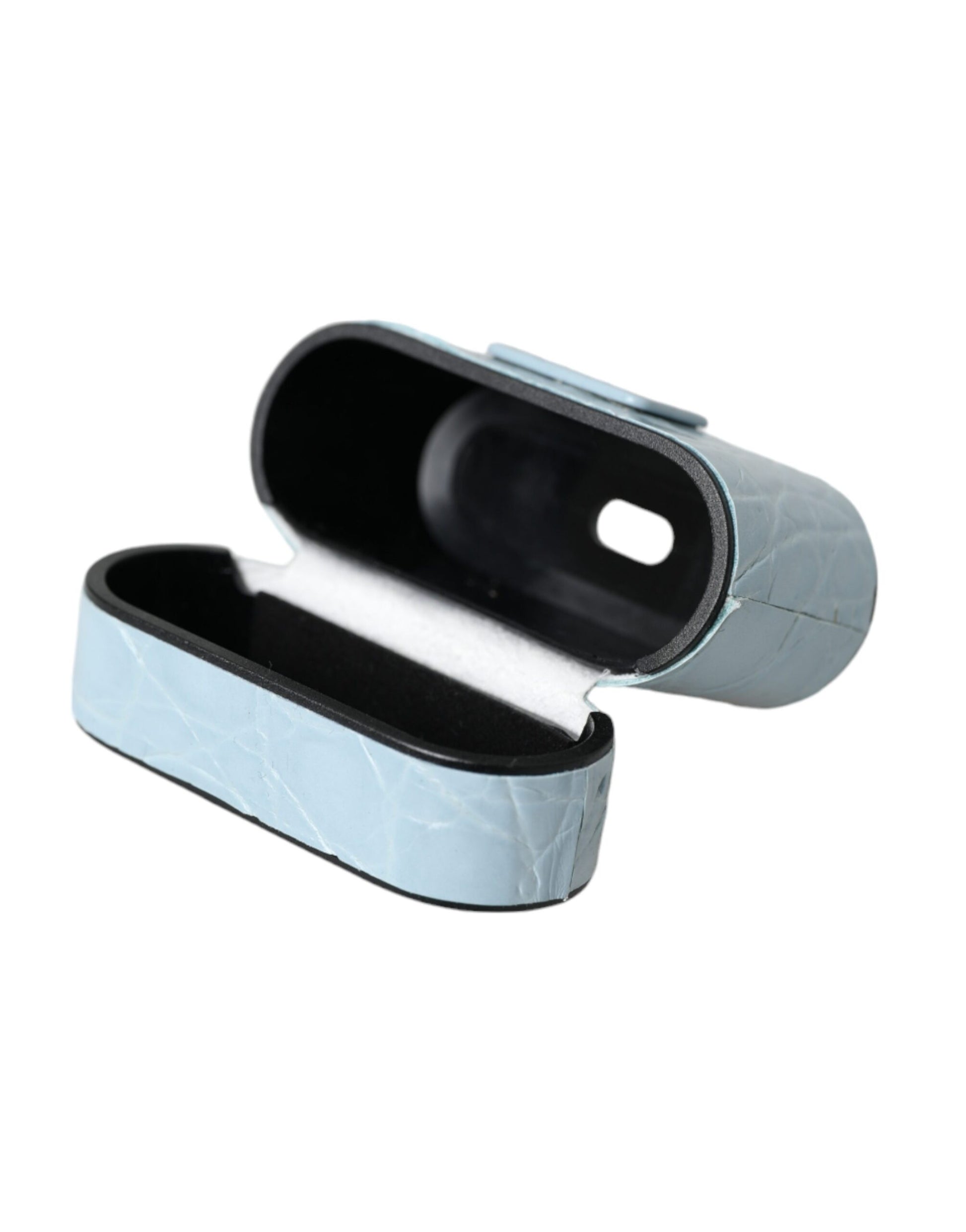 Estuche para Airpods con placa de logotipo de metal y cuero azul claro