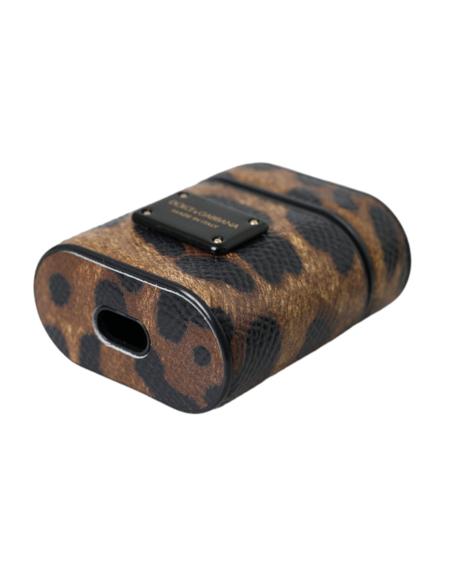 Estuche para Airpods con placa de logotipo de metal y piel de becerro con estampado de leopardo marrón