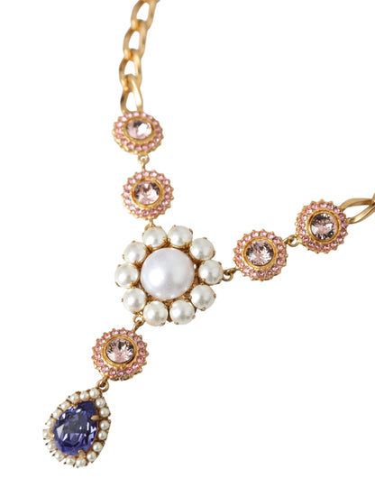 Gold Brass Crystal Purple Pink Pearl Pendants Necklace