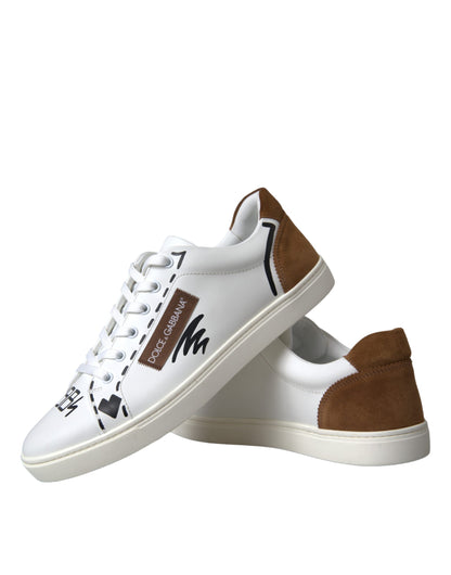 Weiß Braun Leder Logo Low Top Sneakers Schuhe