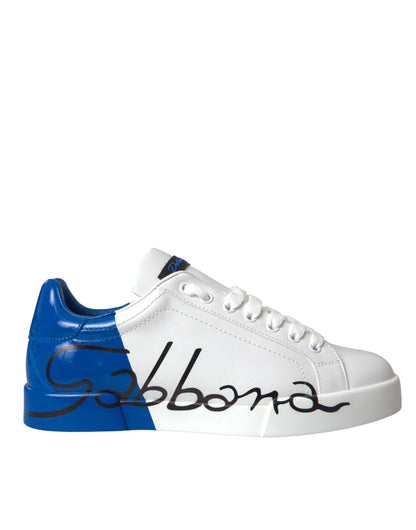 White Blue Leather Logo Low Top Sneakers Shoes