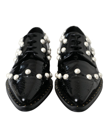 Zapatos de vestir de cuero negro con apliques de perlas de imitación y broches