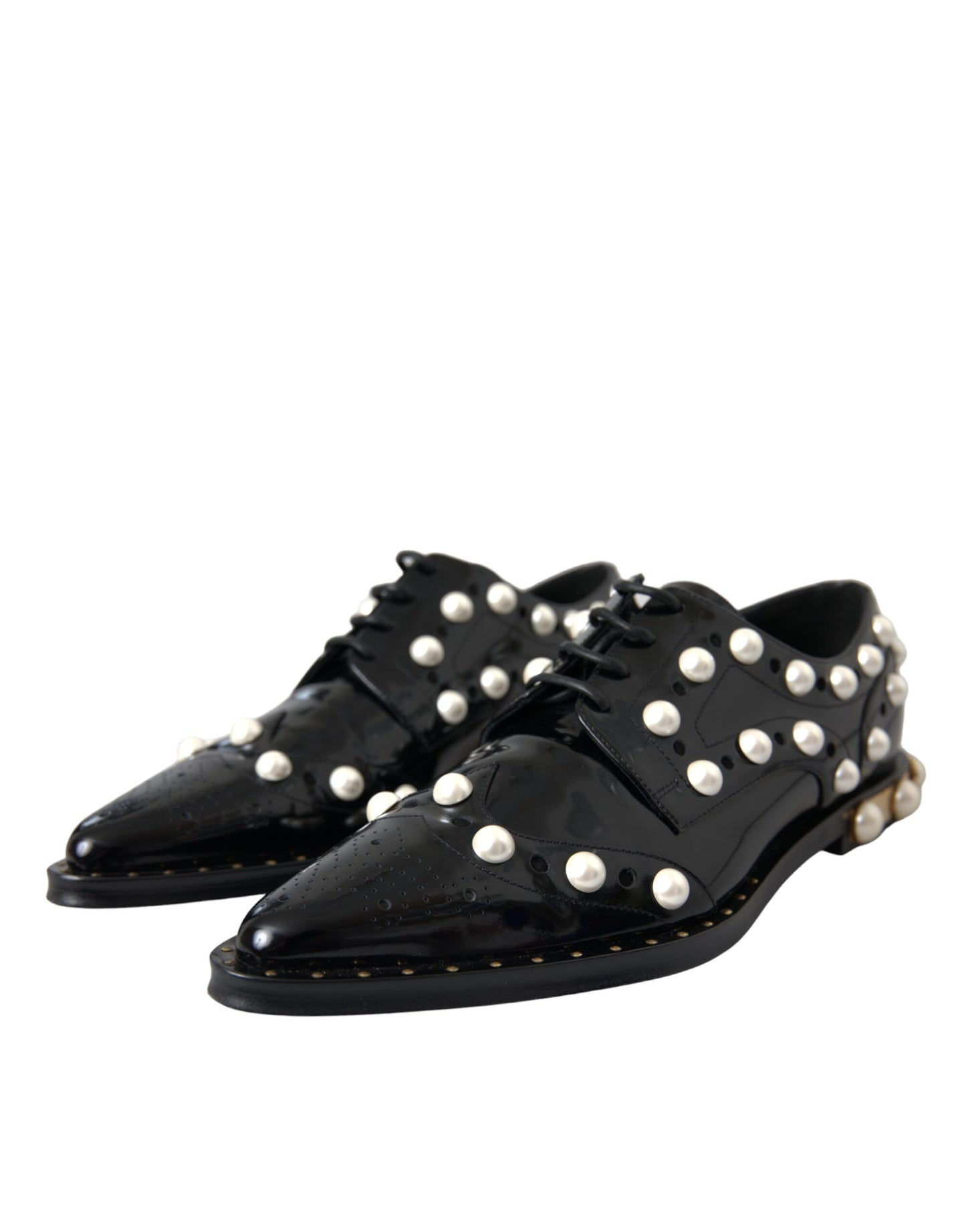 Zapatos de vestir de cuero negro con apliques de perlas de imitación y broches