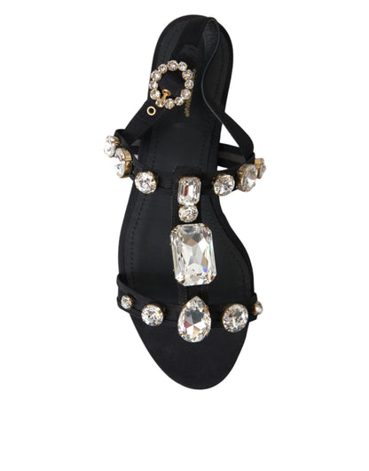 Black Leather Crystal Flats Sandals Shoes